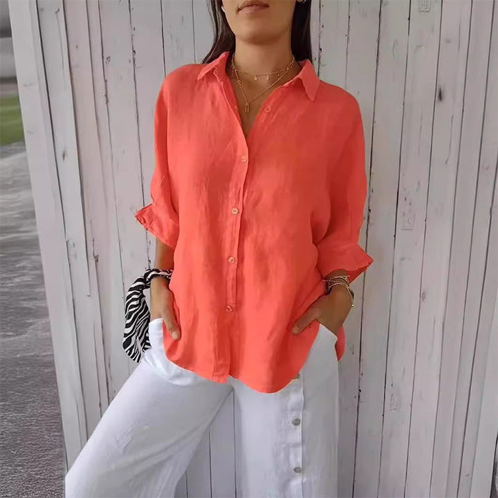 Linen Shirt - Långärmad knytblus med knappar och knytband för kvinnor-Eva Jonsson
