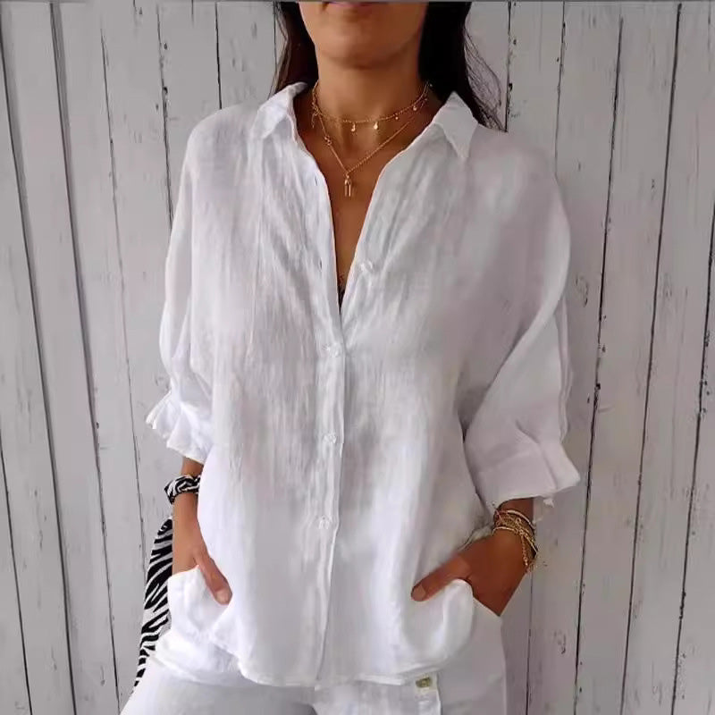 Linen Shirt - Långärmad knytblus med knappar och knytband för kvinnor-Eva Jonsson