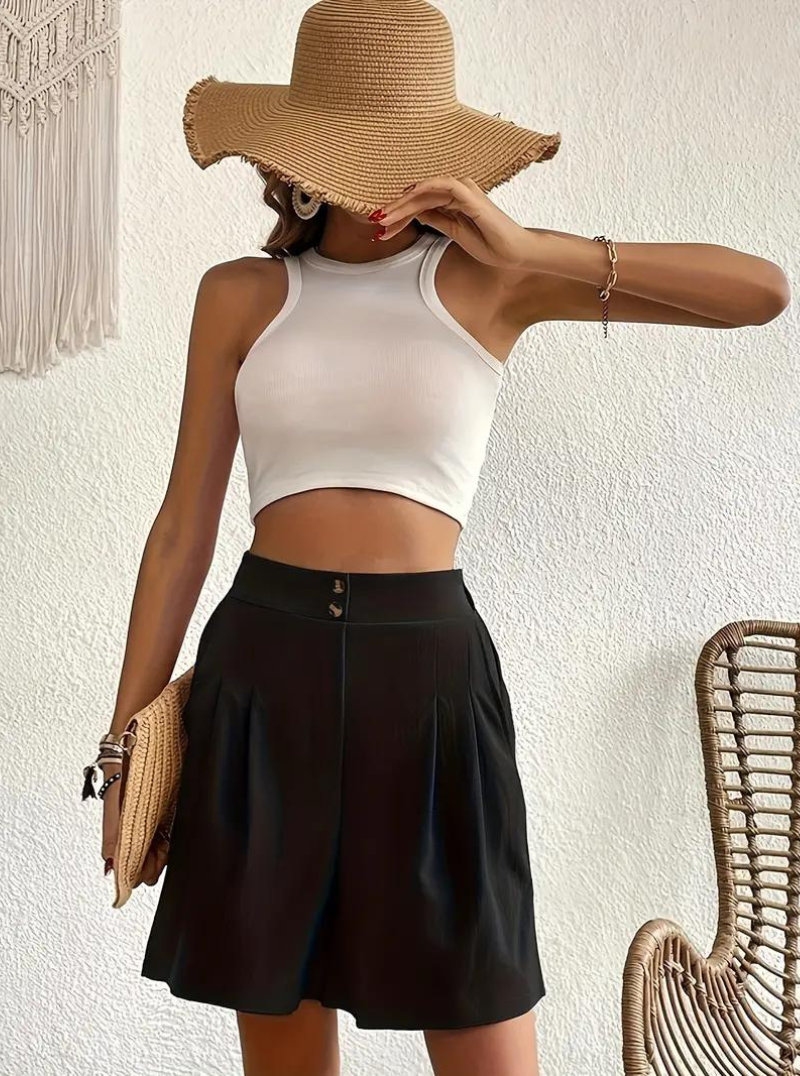 Linen Shorts - Hög midja - Fickor - Sommarshorts - Shorts med vida ben-Eva Jonsson