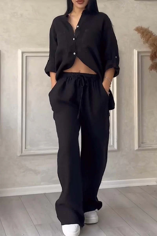 Linne Co-Ord Set | Button-Up | Wide Leg | Tvådelat Set | Linne Skjorta och Byxor Set Dam-Eva Jonsson
