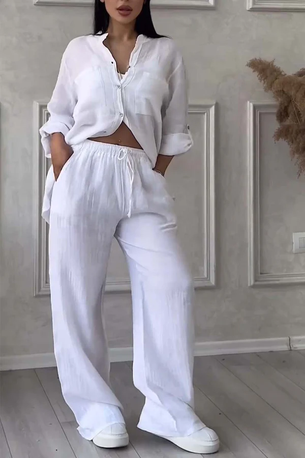Linne Co-Ord Set | Button-Up | Wide Leg | Tvådelat Set | Linne Skjorta och Byxor Set Dam-Eva Jonsson