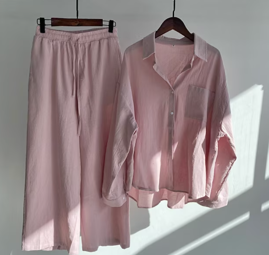 Linne tvådelat set – lätt – vida ben – linne-set – damkläder för sommaren-Eva Jonsson