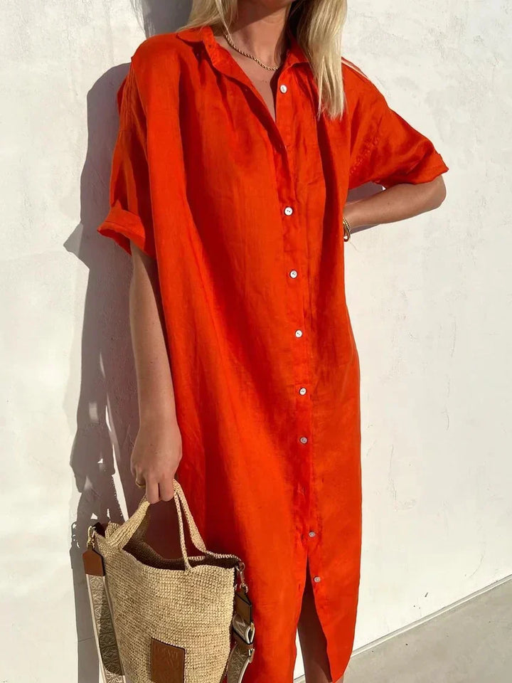 Linneklänning - Knäppning - Midi - Skjortklänning - Sommarklänning-Eva Jonsson