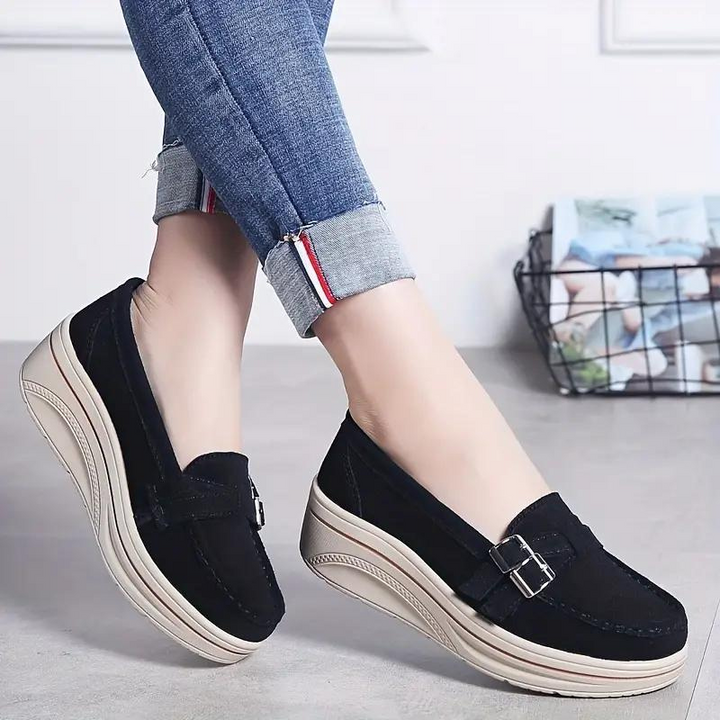 Loafers med plattform, Slip On, Spännband, Loafers i mocka, Damskor-Eva Jonsson