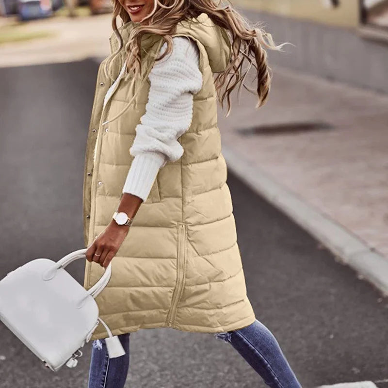 Longline Gilet | Ärmlös | Huvtröja | Puffer Vest | Gilet för kvinnor-Eva Jonsson