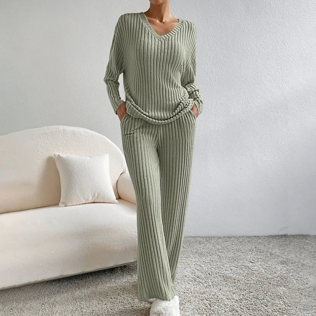 Loungeset - Långärmad - Vida ben - Ribbad tvådelad uppsättning - Loungekläder för kvinnor-Eva Jonsson