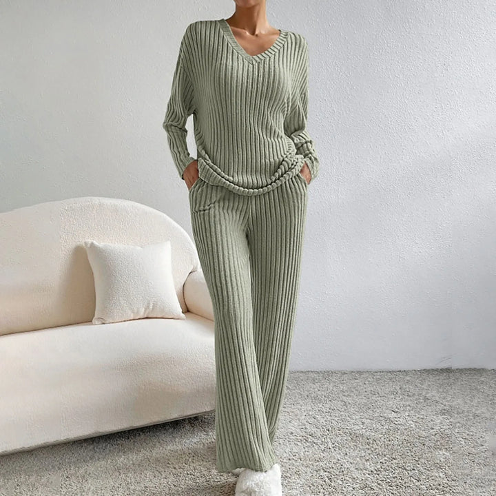 Loungeset - Långärmad - Vida ben - Ribbad tvådelad uppsättning - Loungekläder för kvinnor-Eva Jonsson