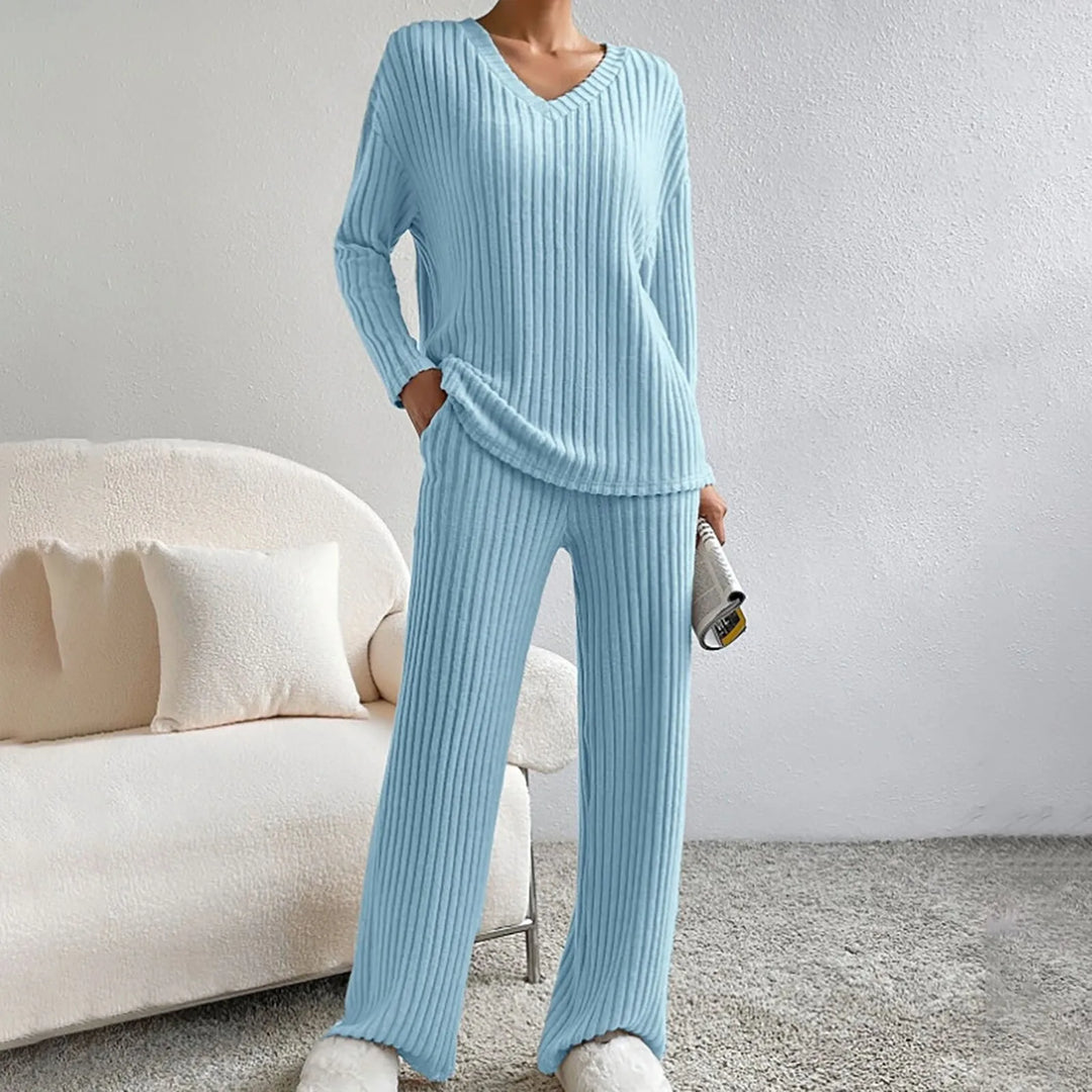 Loungeset - Långärmad - Vida ben - Ribbad tvådelad uppsättning - Loungekläder för kvinnor-Eva Jonsson