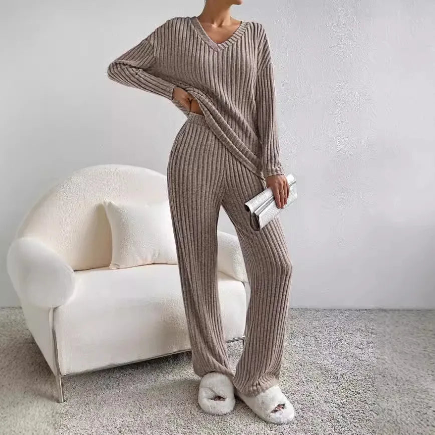 Loungeset - Långärmad - Vida ben - Ribbad tvådelad uppsättning - Loungekläder för kvinnor-Eva Jonsson