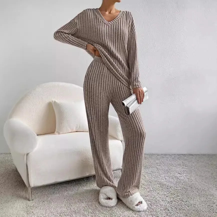 Loungeset - Långärmad - Vida ben - Ribbad tvådelad uppsättning - Loungekläder för kvinnor-Eva Jonsson