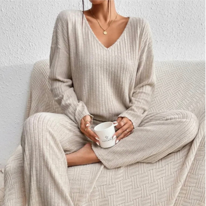 Loungeset - Långärmad - Vida ben - Ribbad tvådelad uppsättning - Loungekläder för kvinnor-Eva Jonsson