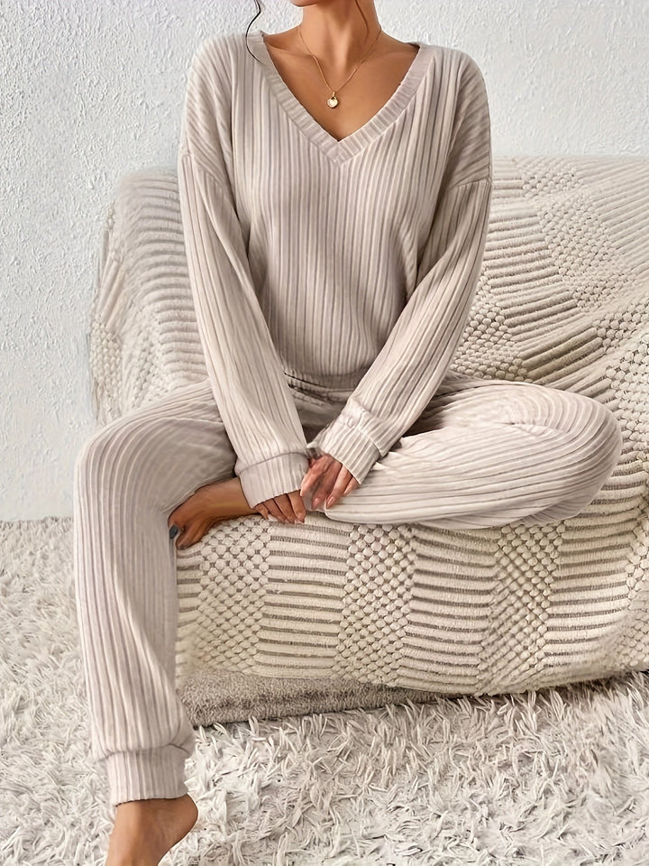 Loungeset - Ribbad - Långärmad - Tvådelat Set - Loungekläder för Kvinnor-Eva Jonsson