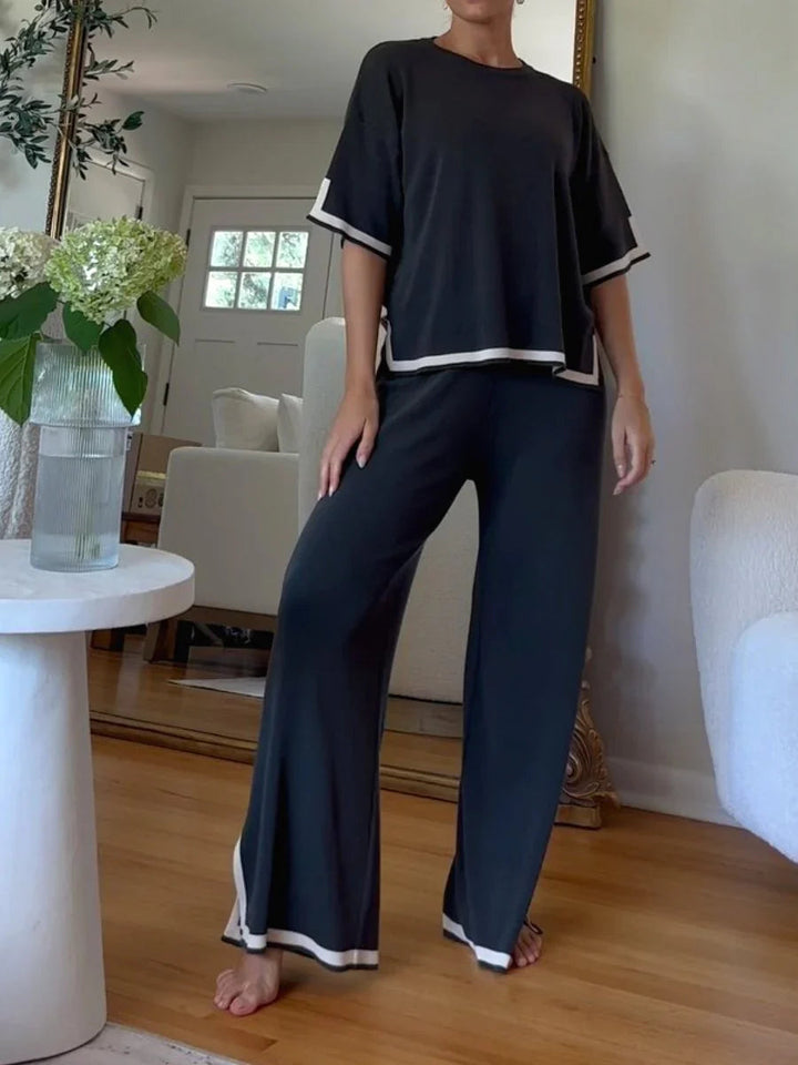 Loungewear Set - Tvådelat set med kortärmad skjorta och byxor med vida ben för kvinnor-Eva Jonsson