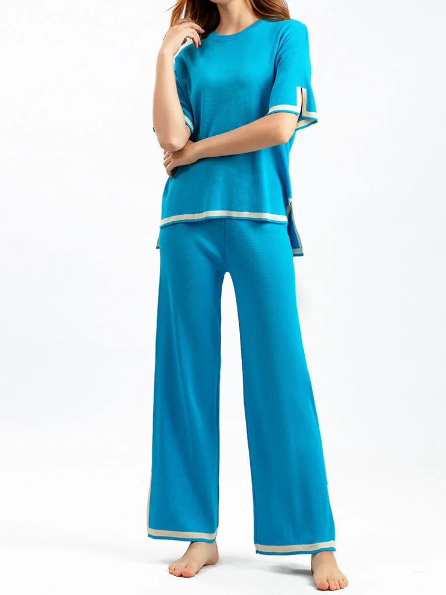 Loungewear Set - Tvådelat set med kortärmad skjorta och byxor med vida ben för kvinnor-Eva Jonsson