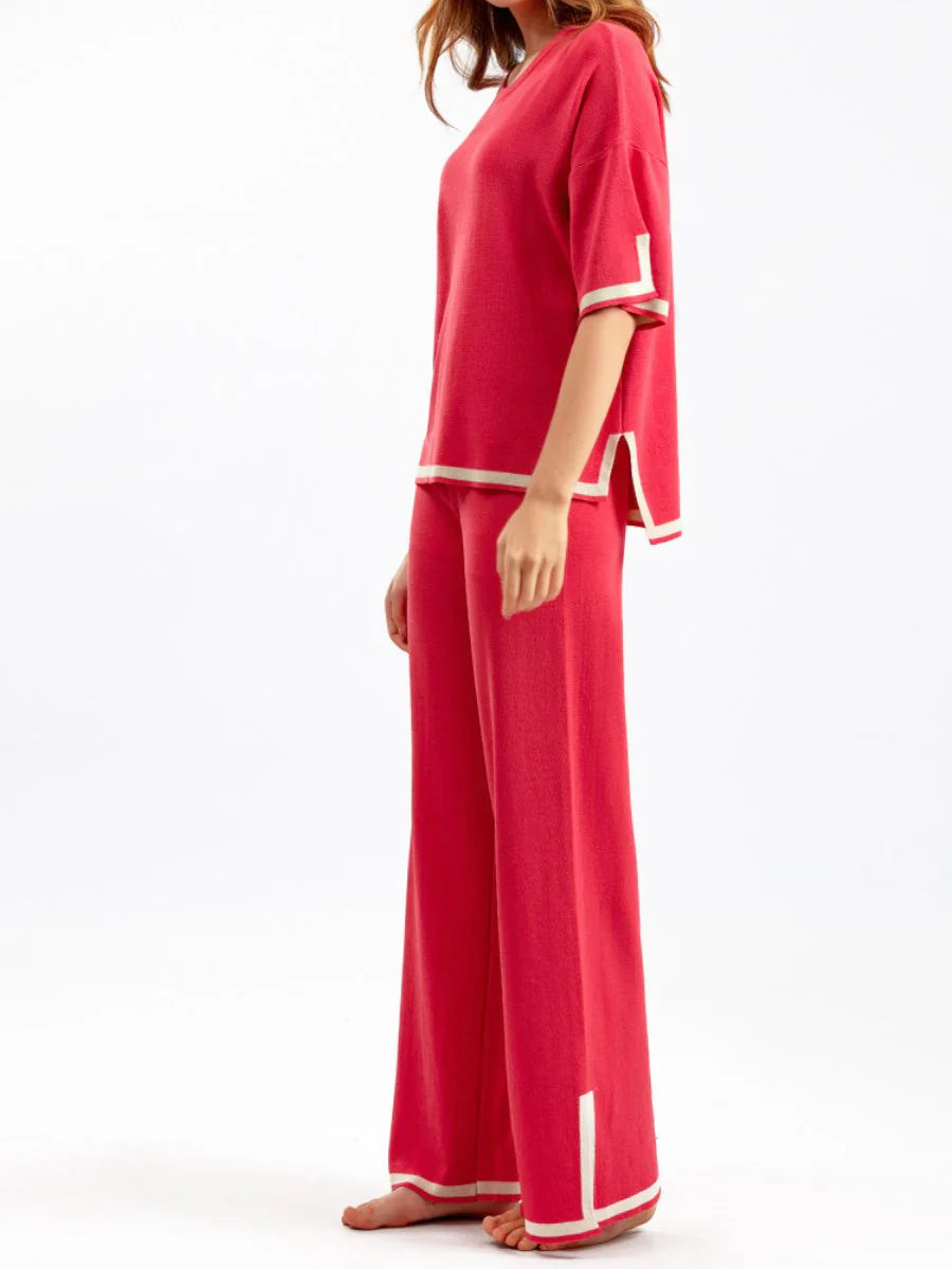 Loungewear Set - Tvådelat set med kortärmad skjorta och byxor med vida ben för kvinnor-Eva Jonsson