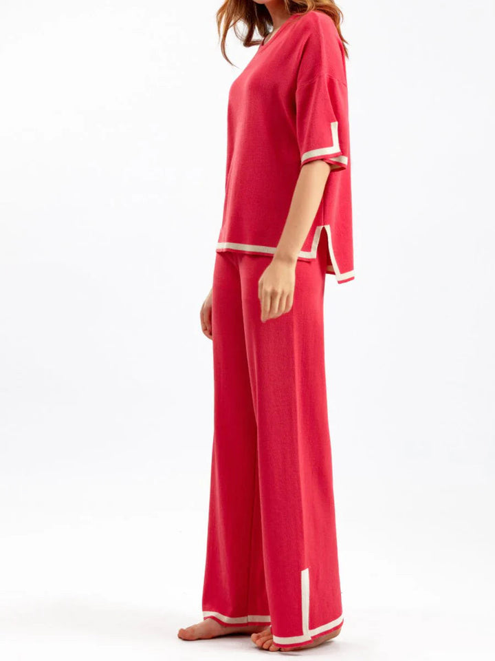 Loungewear Set - Tvådelat set med kortärmad skjorta och byxor med vida ben för kvinnor-Eva Jonsson
