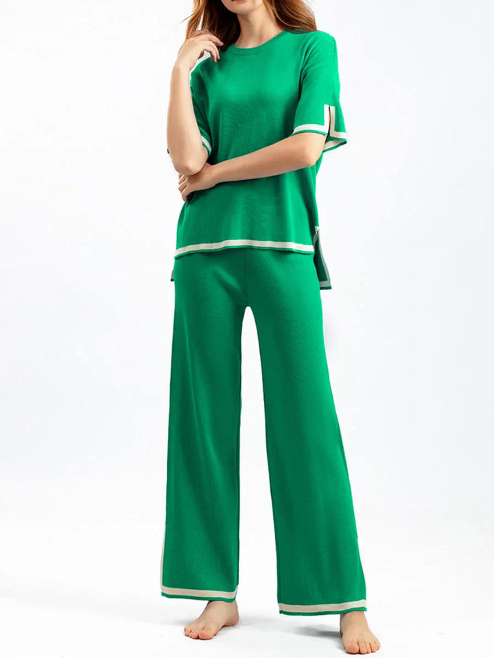 Loungewear Set - Tvådelat set med kortärmad skjorta och byxor med vida ben för kvinnor-Eva Jonsson