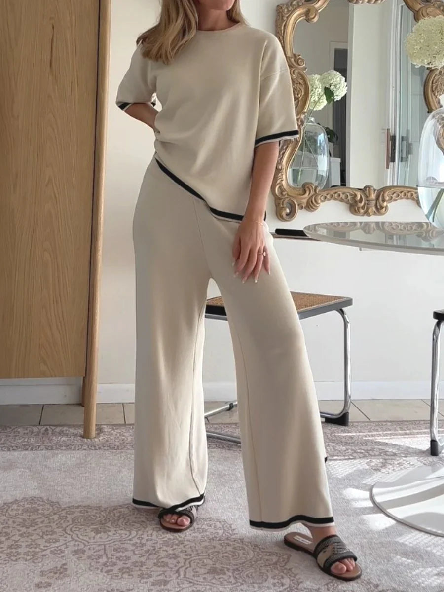 Loungewear Set - Tvådelat set med kortärmad skjorta och byxor med vida ben för kvinnor-Eva Jonsson