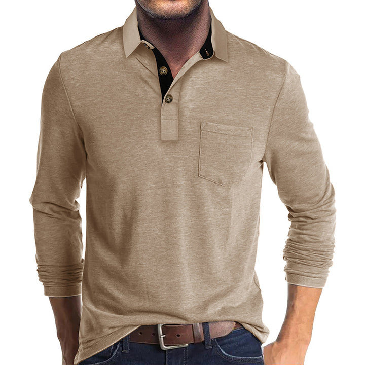 Mans långärmad polo skjorta med klassisk Henley-halsringning Mirla-Eva Jonsson