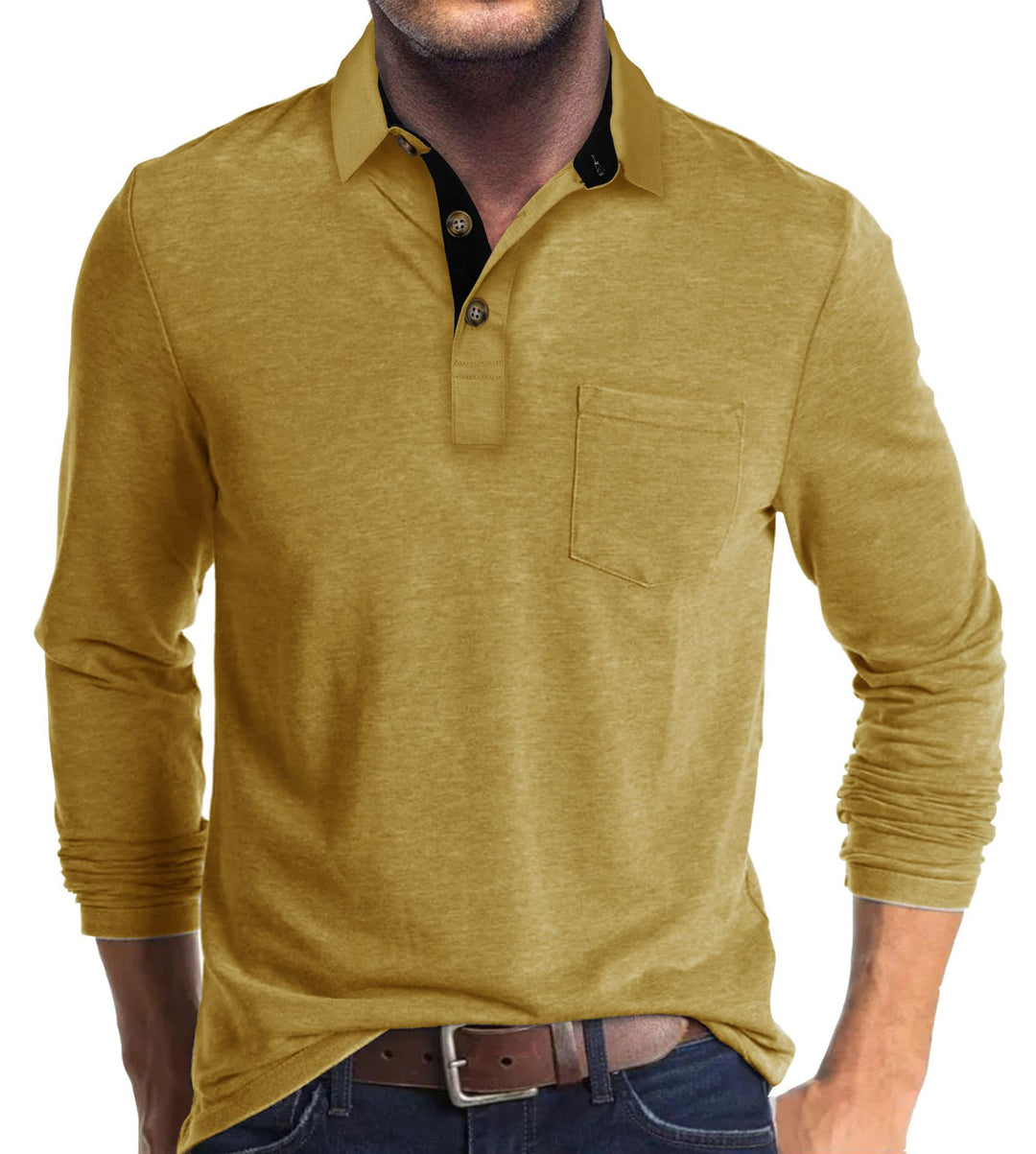 Mans långärmad polo skjorta med klassisk Henley-halsringning Mirla-Eva Jonsson