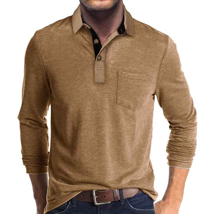 Mans långärmad polo skjorta med klassisk Henley-halsringning Mirla-Eva Jonsson