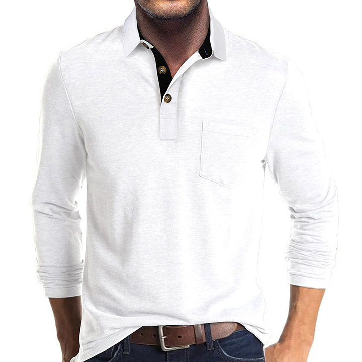 Mans långärmad polo skjorta med klassisk Henley-halsringning Mirla-Eva Jonsson