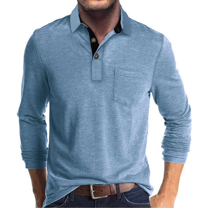 Mans långärmad polo skjorta med klassisk Henley-halsringning Mirla-Eva Jonsson