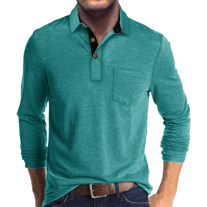 Mans långärmad polo skjorta med klassisk Henley-halsringning Mirla-Eva Jonsson
