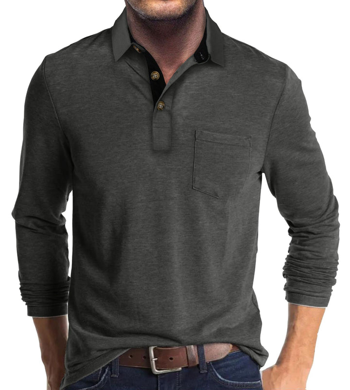Mans långärmad polo skjorta med klassisk Henley-halsringning Mirla-Eva Jonsson