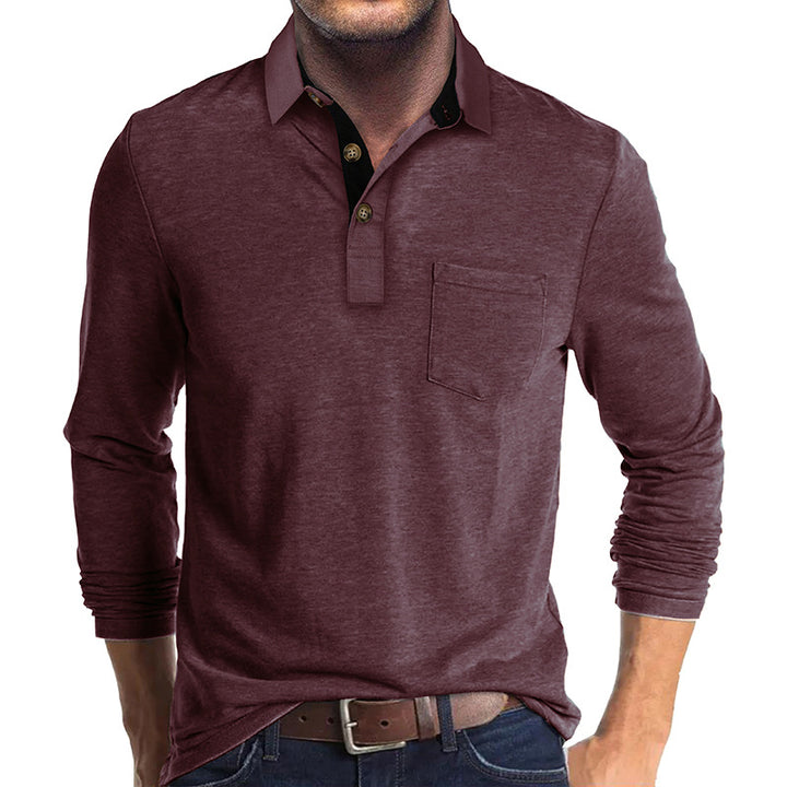 Mans långärmad polo skjorta med klassisk Henley-halsringning Mirla-Eva Jonsson