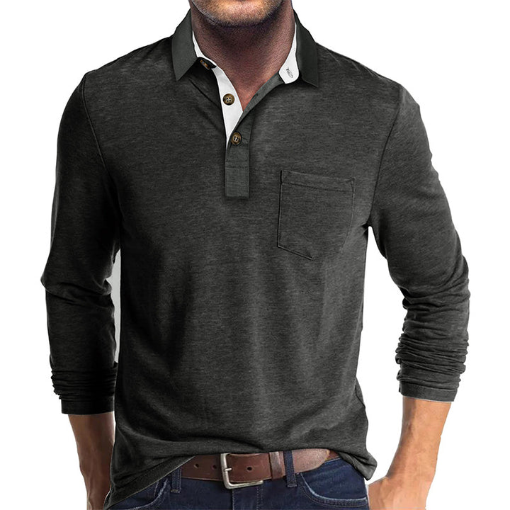 Mans långärmad polo skjorta med klassisk Henley-halsringning Mirla-Eva Jonsson