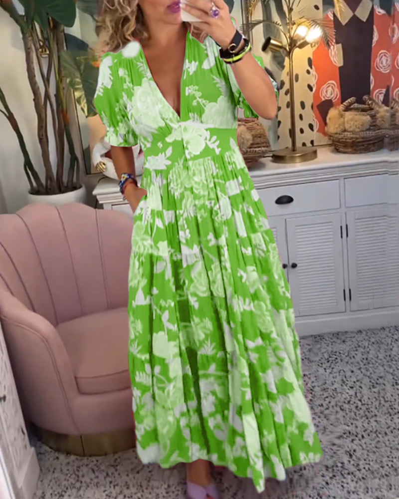 Maxi Sundress - Kortärmad - V-hals - Blommig klänning - Maxiklänning-Eva Jonsson