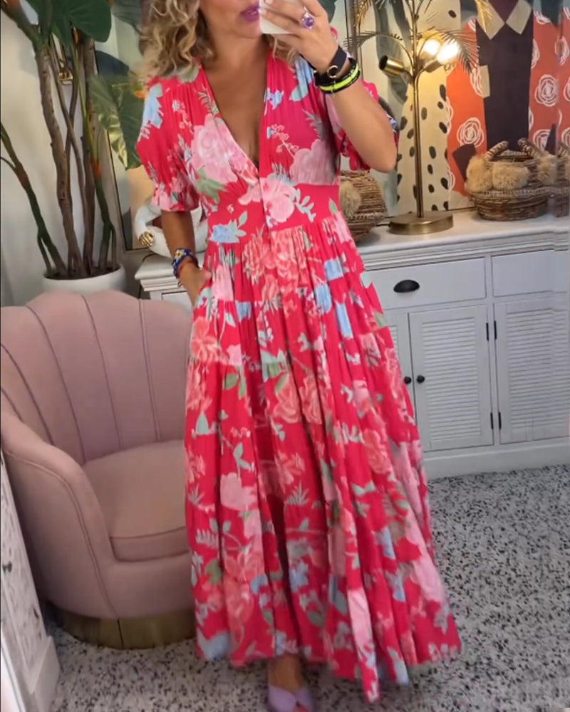 Maxi Sundress - Kortärmad - V-hals - Blommig klänning - Maxiklänning-Eva Jonsson