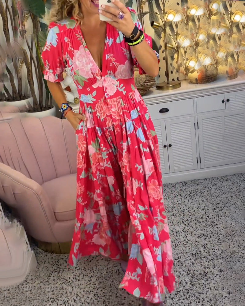 Maxi Sundress - Kortärmad - V-hals - Blommig klänning - Maxiklänning-Eva Jonsson