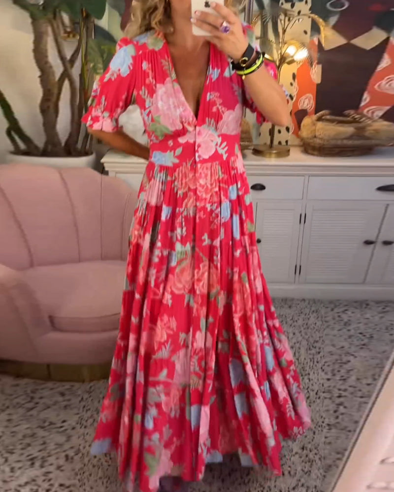 Maxi Sundress - Kortärmad - V-hals - Blommig klänning - Maxiklänning-Eva Jonsson