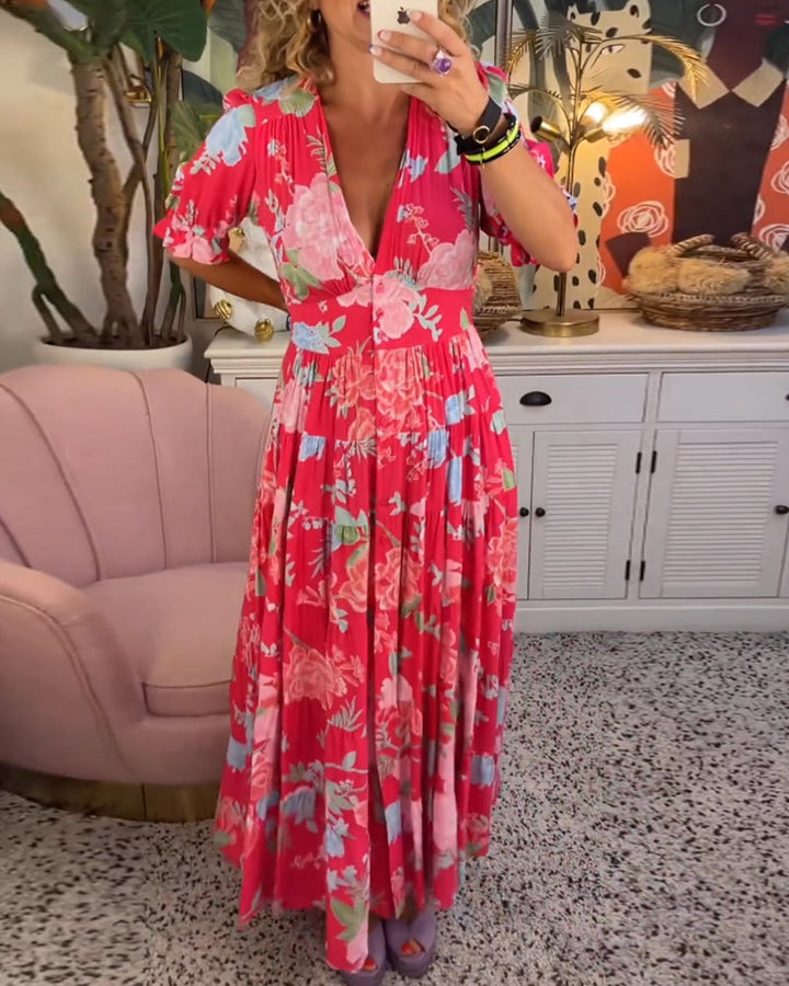 Maxi Sundress - Kortärmad - V-hals - Blommig klänning - Maxiklänning-Eva Jonsson