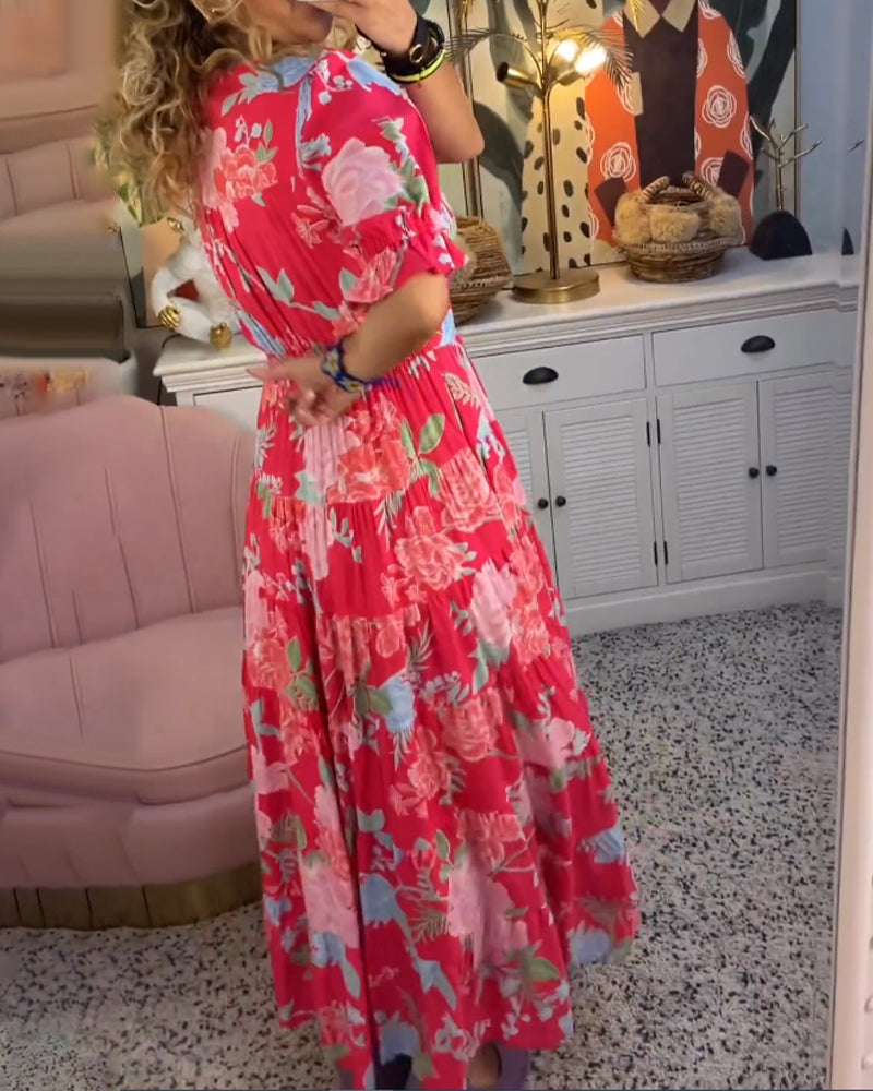 Maxi Sundress - Kortärmad - V-hals - Blommig klänning - Maxiklänning-Eva Jonsson