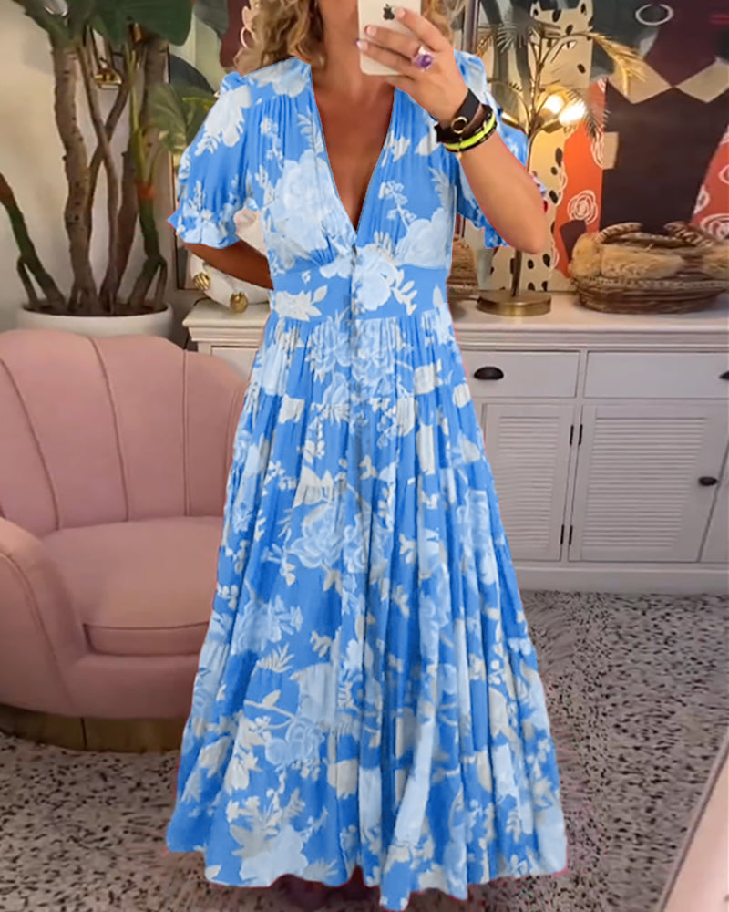 Maxi Sundress - Kortärmad - V-hals - Blommig klänning - Maxiklänning-Eva Jonsson