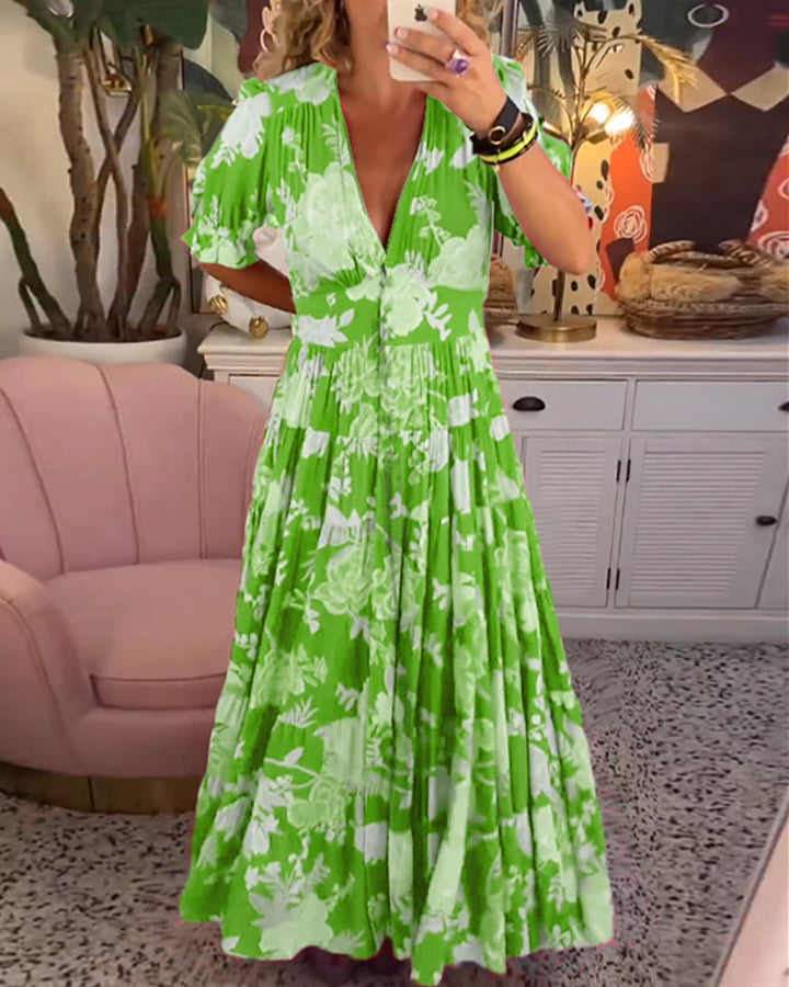 Maxi Sundress - Kortärmad - V-hals - Blommig klänning - Maxiklänning-Eva Jonsson