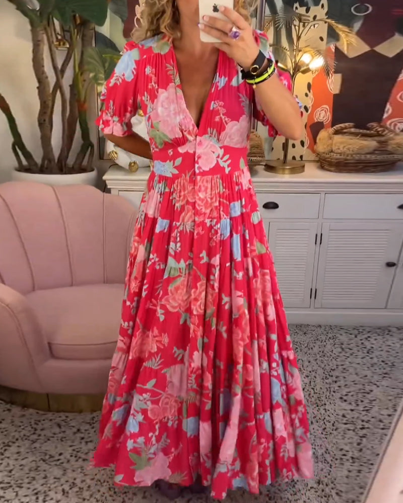 Maxi Sundress - Kortärmad - V-hals - Blommig klänning - Maxiklänning-Eva Jonsson
