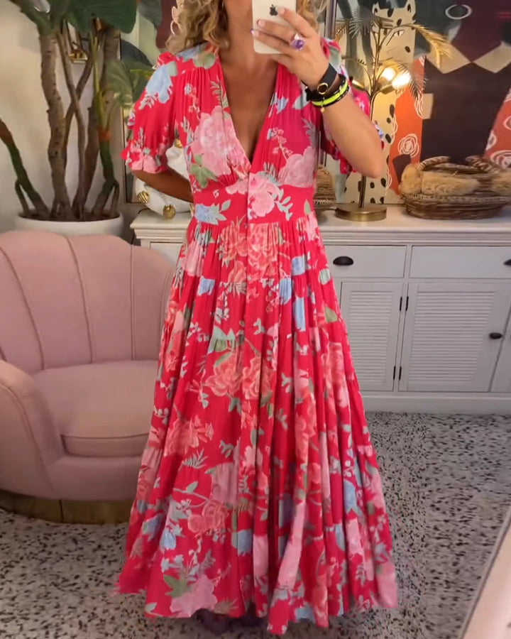Maxi Sundress - Kortärmad - V-hals - Blommig klänning - Maxiklänning-Eva Jonsson
