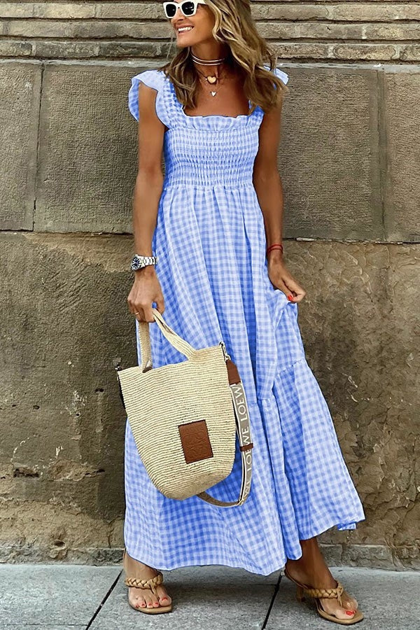 Maxi Sundress - Rutig lång sommarklänning med rynkad kjol-Eva Jonsson