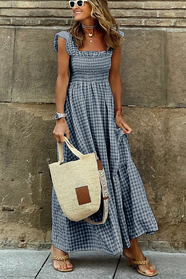 Maxi Sundress - Rutig lång sommarklänning med rynkad kjol-Eva Jonsson