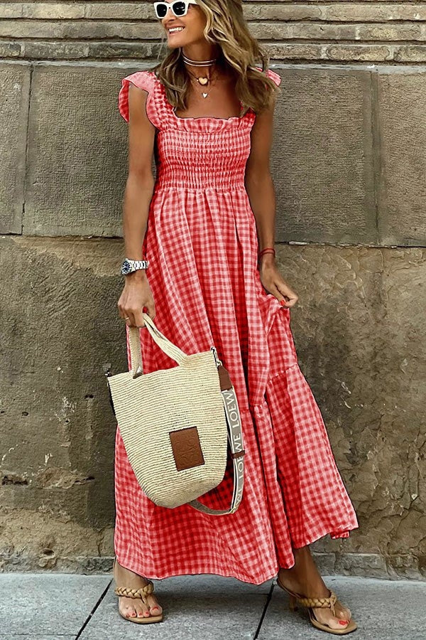 Maxi Sundress - Rutig lång sommarklänning med rynkad kjol-Eva Jonsson