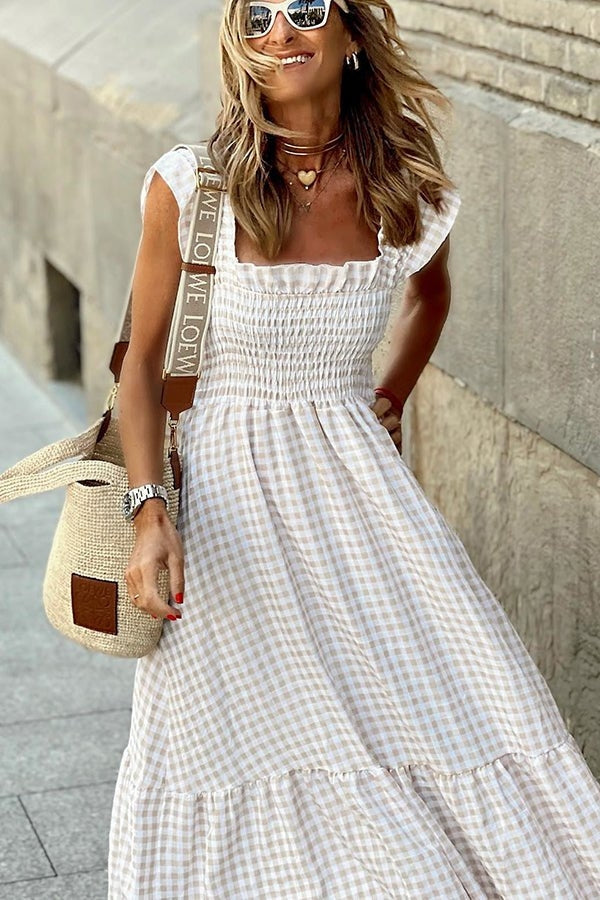 Maxi Sundress - Rutig lång sommarklänning med rynkad kjol-Eva Jonsson