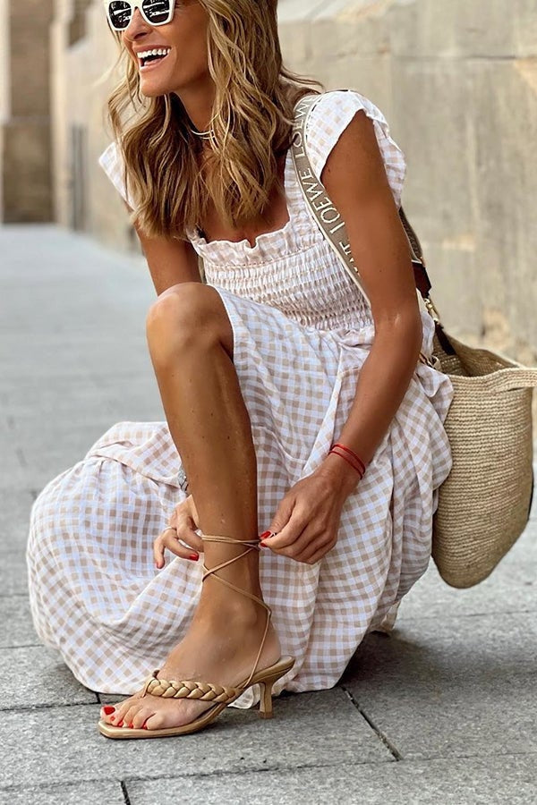 Maxi Sundress - Rutig lång sommarklänning med rynkad kjol-Eva Jonsson