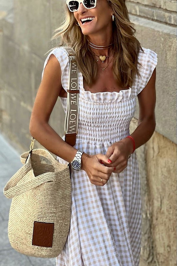 Maxi Sundress - Rutig lång sommarklänning med rynkad kjol-Eva Jonsson