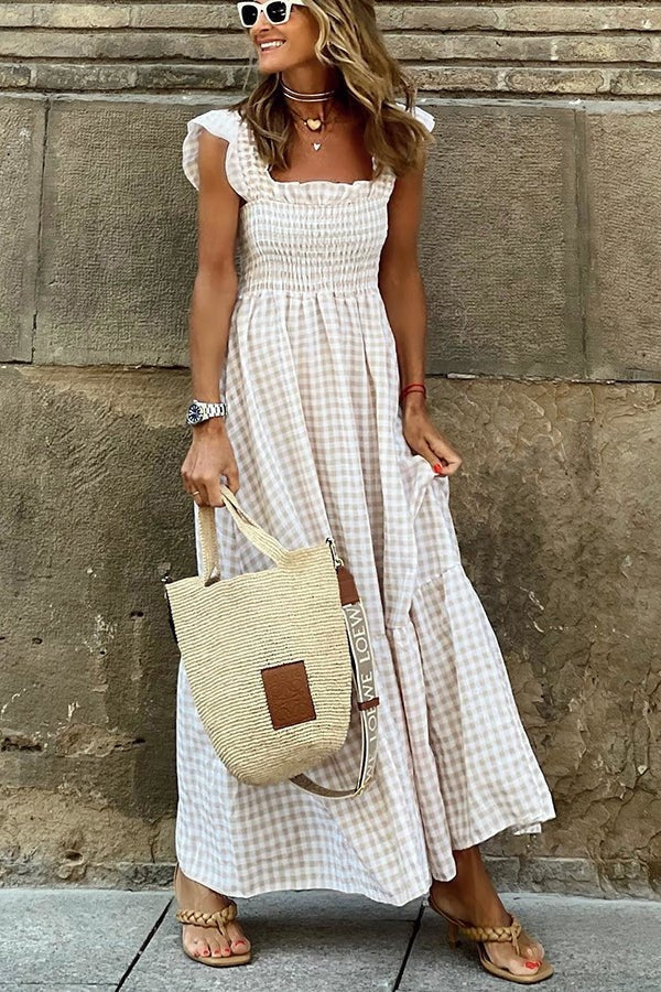 Maxi Sundress - Rutig lång sommarklänning med rynkad kjol-Eva Jonsson