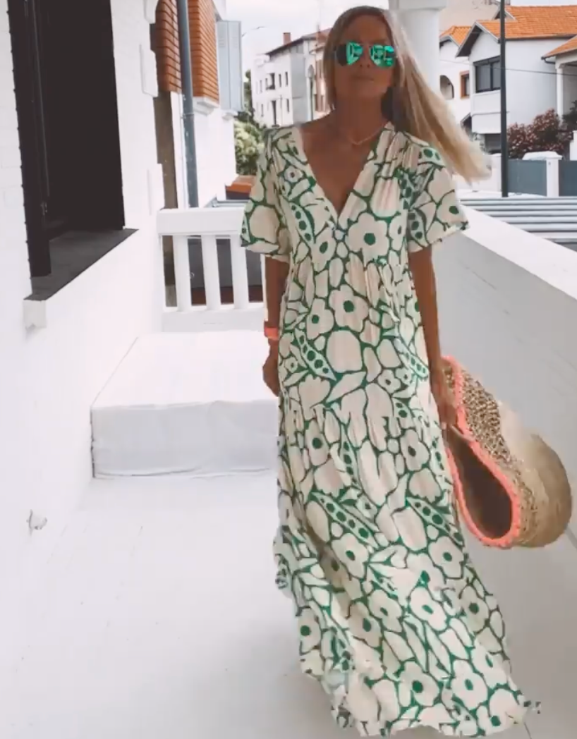 Maxi Sundress - V-ringad kortärmad sommarklänning för kvinnor-Eva Jonsson