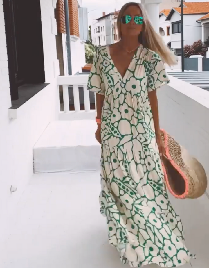 Maxi Sundress - V-ringad kortärmad sommarklänning för kvinnor-Eva Jonsson